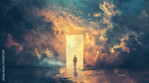 Man before open gate in cloudscape - Surreal image of a man standing before a massive gate against a dynamic cloudscape represents hope and opportunity