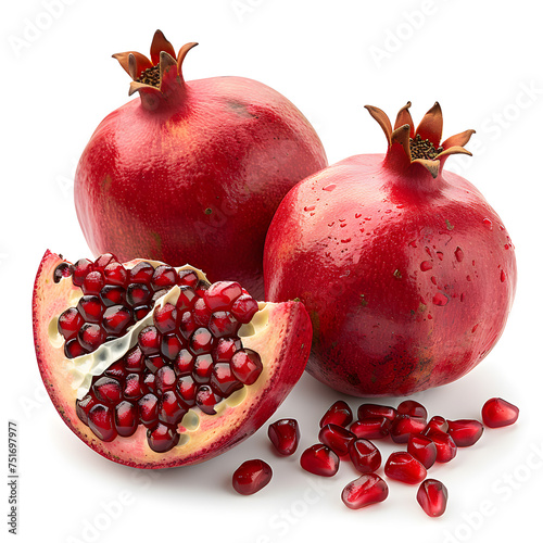 Two pomegranates and a cut half, a superfood fruit on display