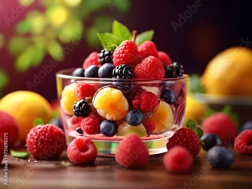 fresh fruit dessert with strawberry  raspberry and blueberry. close-up shot. tasty sweets illustration