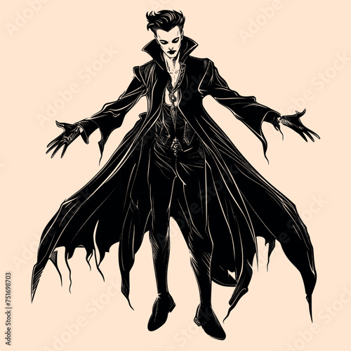 Black and White Vampire Character Outline Silhouette Ornament Vector Art for Logo and Icon, Sketch, Tattoo, Clip Art