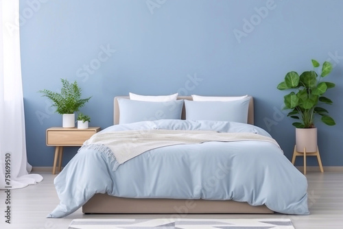 Sky blue bedroom interior with double bed, plants and gray drawers on the floor
