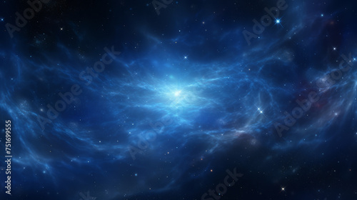 A serene digital image depicting soft blue cosmic dust and distant starlight evoking a sense of peace and tranquility