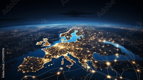 Illustration of illuminated cities with linear connections, offering a view of Europe and suitable for technology and future themes.