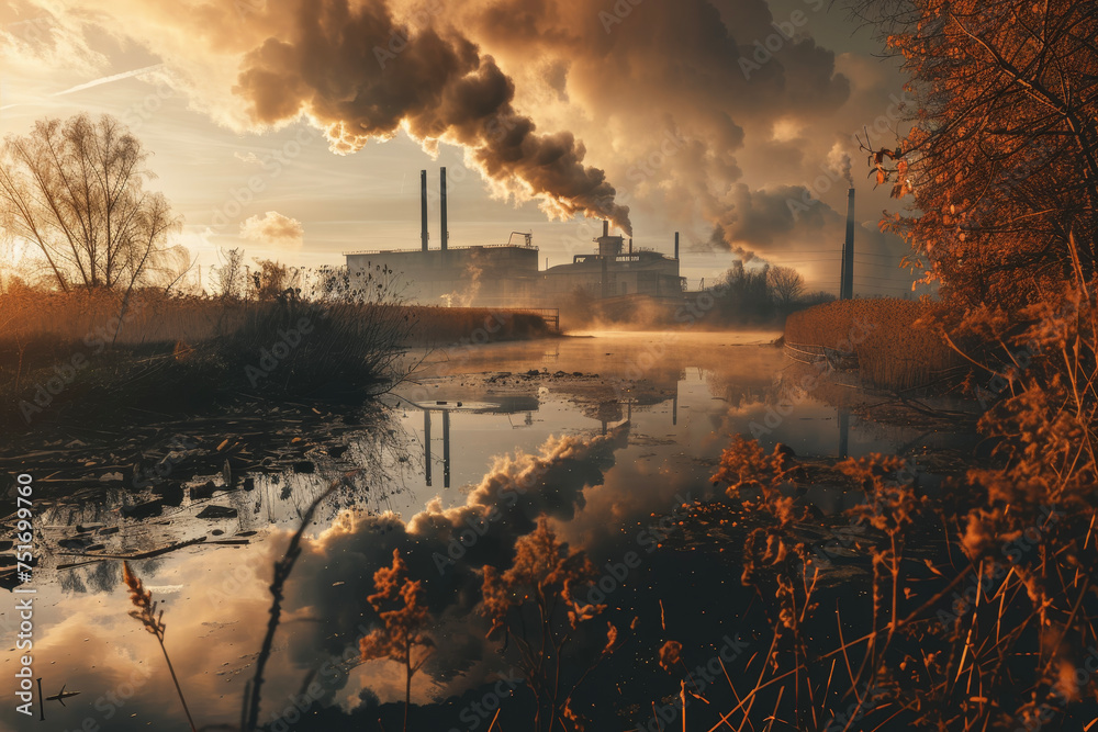 A factory, emitting black smoke and toxic waste, contaminating the air and water.
