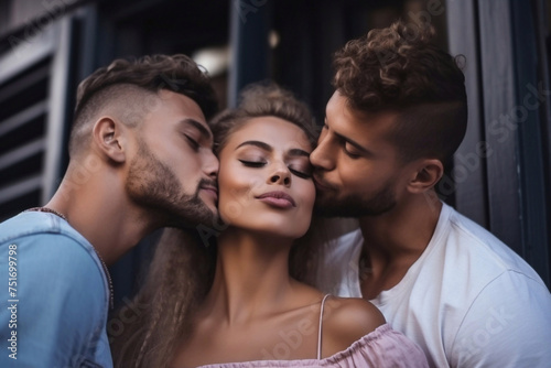 Two men kiss a girl on the cheek. Portrait of two boys and a girl between them, polygamy