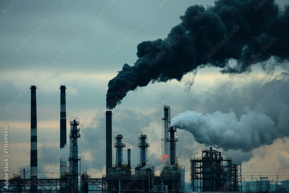 A factory, emitting black smoke and toxic waste, contaminating the air and water