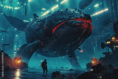Amidst Arcadias depths a gamer manager faces off with robots a leviathan whale and lurking monsters photo