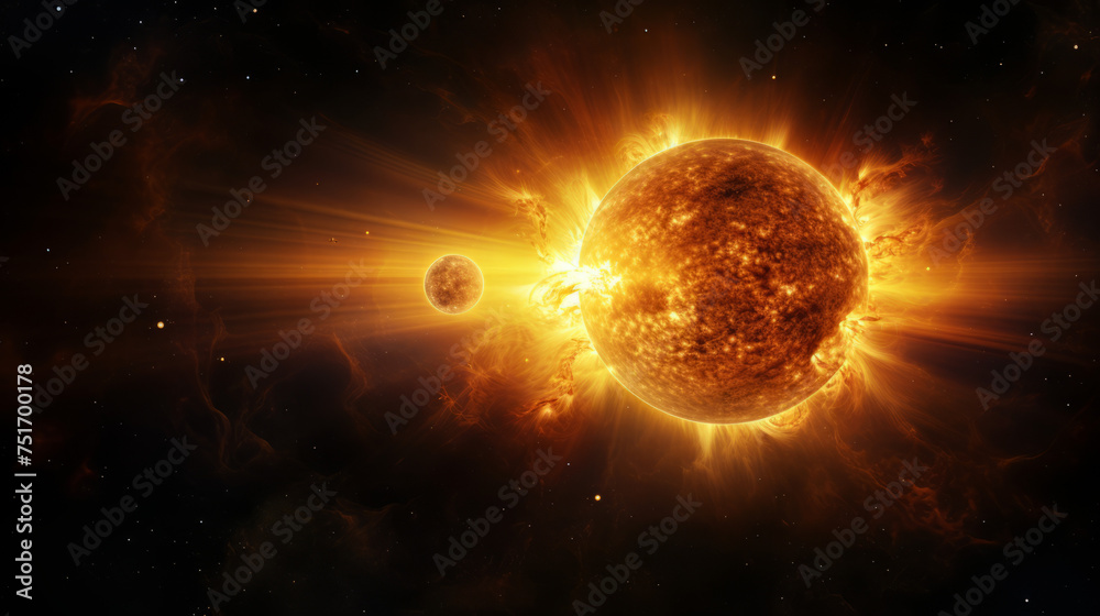 A captivating image showing a massive solar flare erupting from the sun with a planet nearby