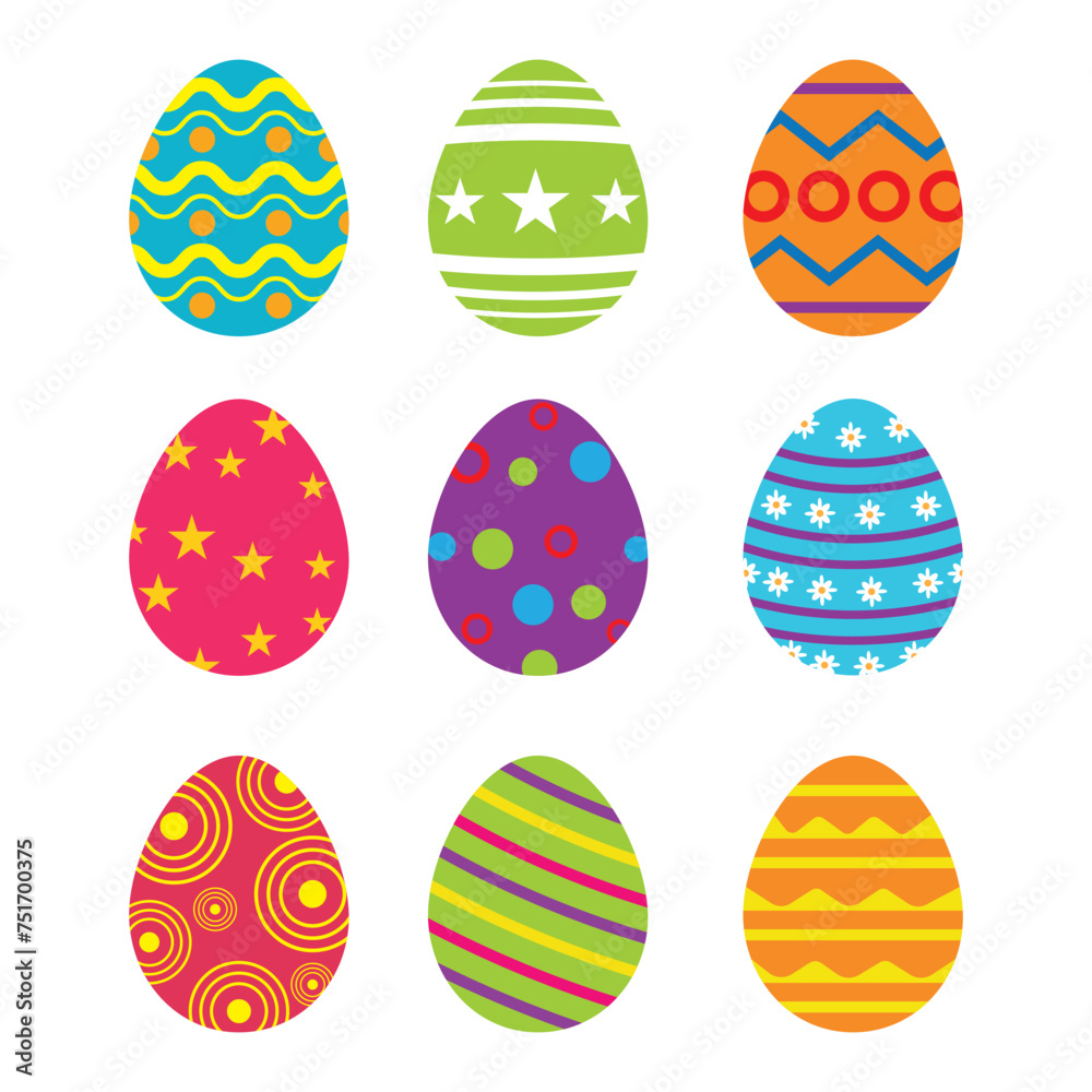 easter eggs set flat design on white background. Easter Eggs with Realistic ornament pattern, Vector