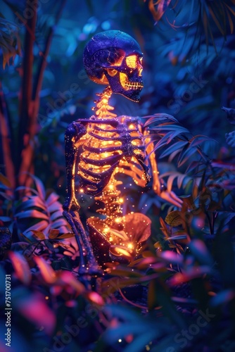 Compassionate twilight glowing light from skeleton hightech foliage with bitcoin essence