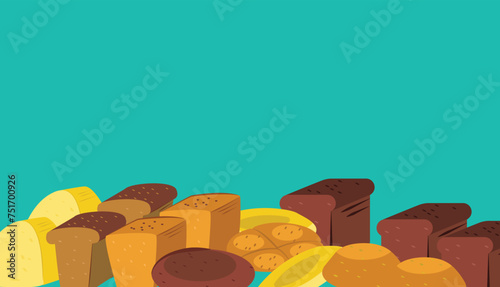 Assorted fresh bread types blue background. Bakery goods variety, bread loaves rolls. Healthy eating bakery theme vector illustration
