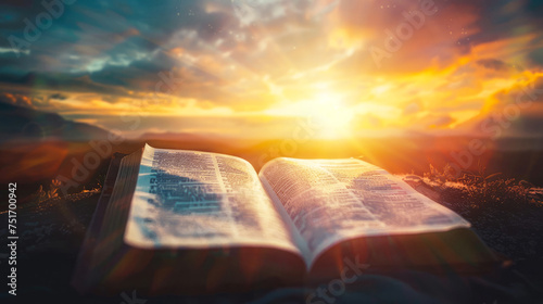 A serene image of an open Bible set against a backdrop of soft clouds in the sky, evoking calm and reverence