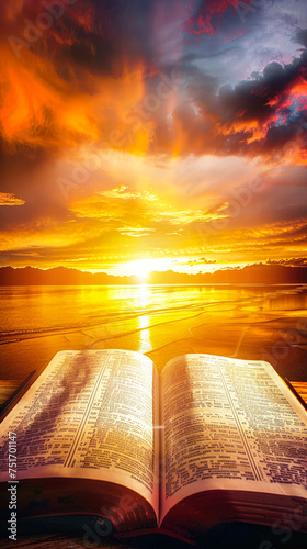An open bible with radiant sunlight streaming from the pages against a dramatic sky with clouds, conveying hope and enlightenment
