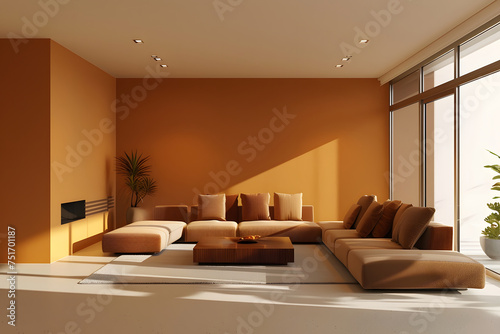 modern minimalist living room, trendy mustard wall color, interior design, color palette