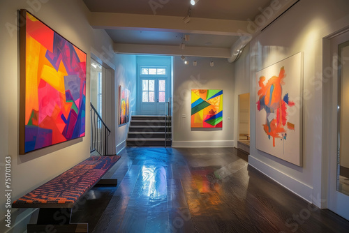 A gallery with a abstract style and a colorful painting