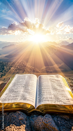 An inspiring image of an open bible with mountainous sunrise in the background, illustrating new beginnings