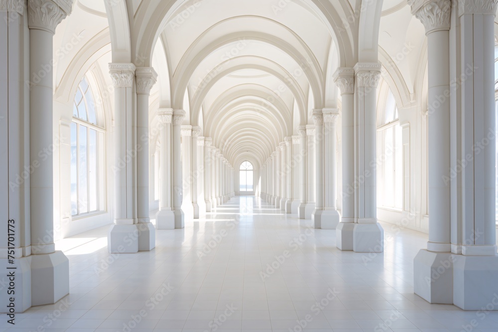 a white hallway with arched ceiling and white tile floor