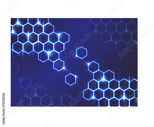 Abstract vector background with the blue, light blue shiny hexagons on the blue background with the stars and rays . Hexagonic business background wallpaper .