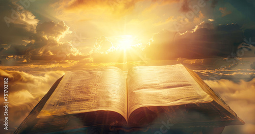 Dramatic scene with a bible on a wooden surface against a sunset, signaling the end of a day and the contemplation it brings