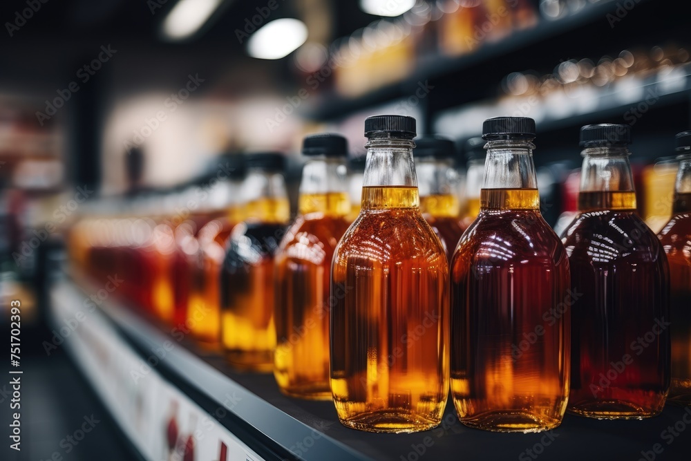 Several bottles of fresh apple juice on a shelf in a store. Commerce and health Several bottles of fresh apple juice on a shelf in a store. Commerce and health