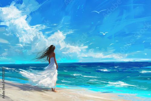 A girl in a white dress standing on the sand, with her hair blowing in the wind. Around her - the blue sea and sky