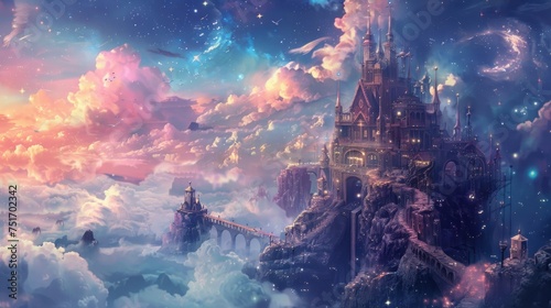 Swirling architecture in a cute fantasy world where buildings touch the stars and dreams are built from the clouds photo