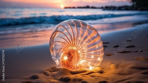 large Nautilus shell glowing on the beach