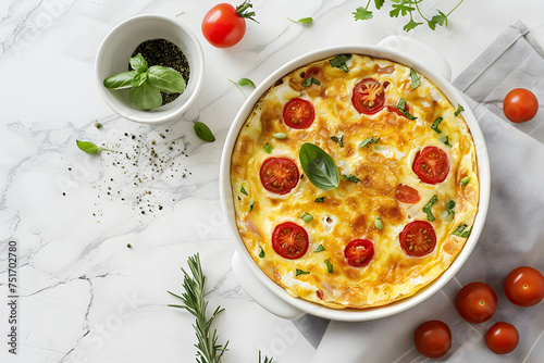 Omelette with tomatoes and herbs, in a bright kitchen