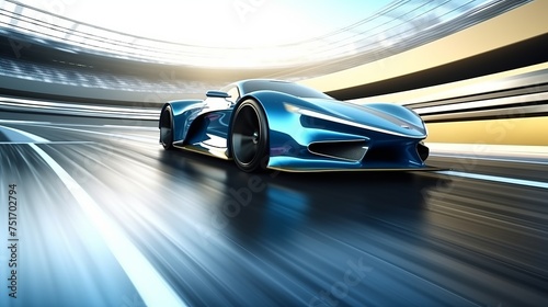 Witness the excitement of a race car speeding along the track, crossing the start and finish lines with motion blur in the background. Rendered in 3D.