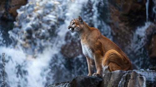 Puma at the falls, a mountain lion captured in a powerful wildlife portrait, showcasing the untamed beauty of this fierce creature in its natural habitat