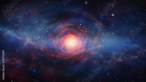 A striking image of a spiral galaxy with a vivid central glow and swirling patterns in red and blue shades photo