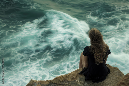 A girl sitting on a rock, watching the waves crash against the shore.