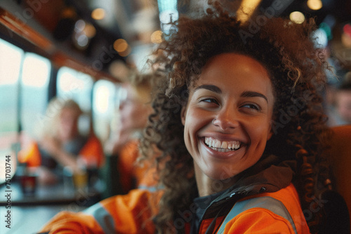 A candid moment of a female truck driver sharing a laugh with fellow drivers during a break at a roadside diner, highlighting the camaraderie and community within the trucking industry.