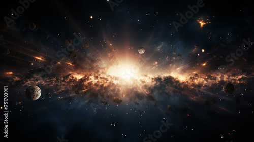 A dynamic depiction of a galactic explosion surrounded by planets and cosmic debris, embodying the force and unpredictability of the universe photo