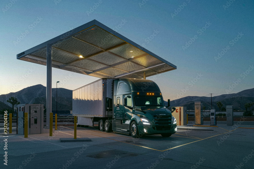 An electric semi-truck charging at a solar-powered charging station, highlighting the future of eco-friendly trucking.