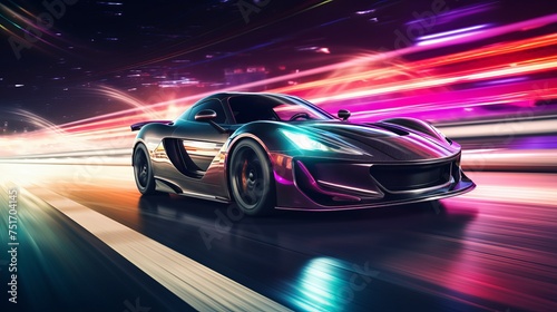 Witness the powerful acceleration of a speeding sports car on a neon-lit highway  with colorful lights and trails streaking along the night track. Rendered in 3D.