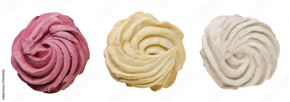Set of zephyr marshmallows on a white background. Top view Set of zephyr marshmallows on a white background. Top view