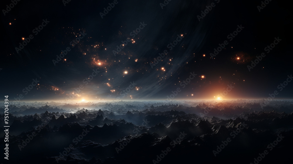 A surreal landscape below an ethereal night sky filled with shining star clusters and a distant warm glow suggesting the vastness of the universe