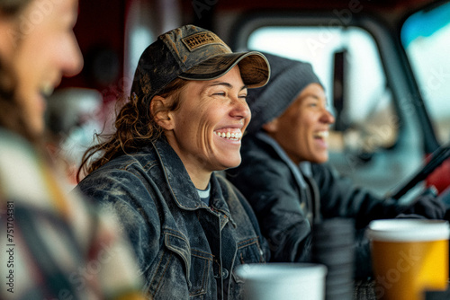 A candid moment of a female truck driver sharing a laugh with fellow drivers during a break at a roadside diner, highlighting the camaraderie and community within the trucking industry. photo