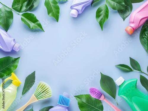 Spring Cleaning concept background with an image of colorful detergent bottles and brushes surrounded by green spring season leaves and copy space photo