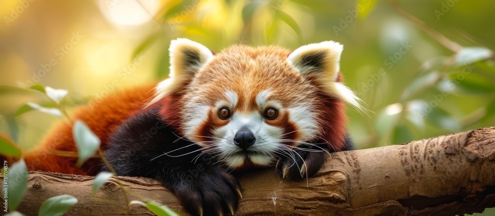 Graceful red panda bear enjoying the day while resting on a peaceful tree branch in the forest Graceful red panda bear enjoying the day while resting on a peaceful tree branch in the forest