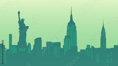 Silhouette vector background of Manhattan cityscape. New York City, United States. Statue of Liberty, Empire State Building, Rockefeller Plaza, Office Building. Travel illustration photo