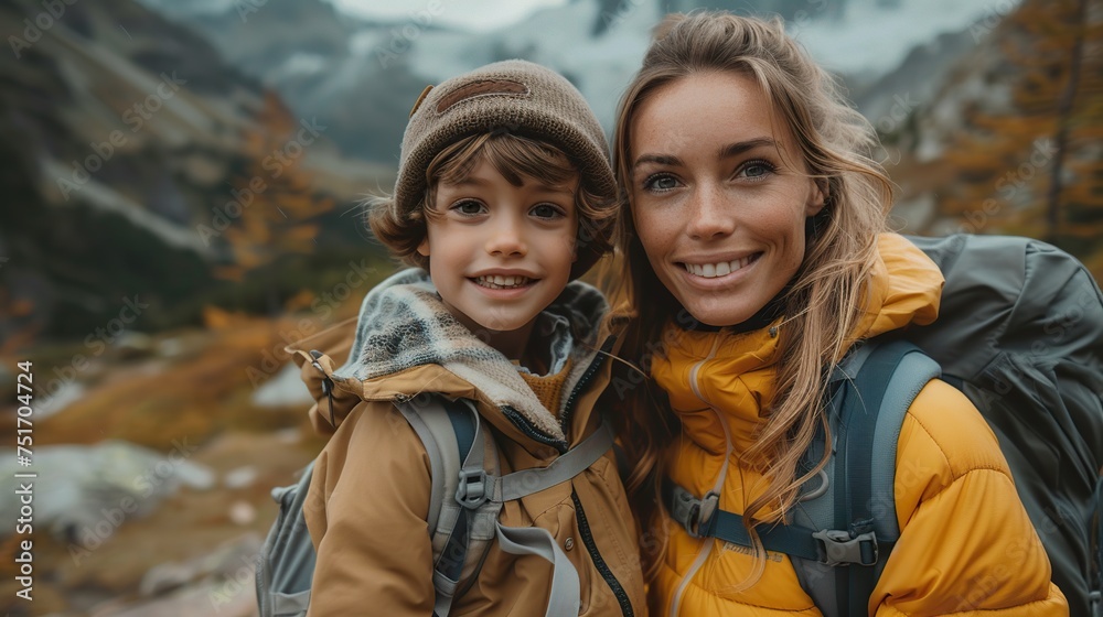 A woman with a baby on top of a mountain. Mom and her child make selfie on the background of a beautiful landscape