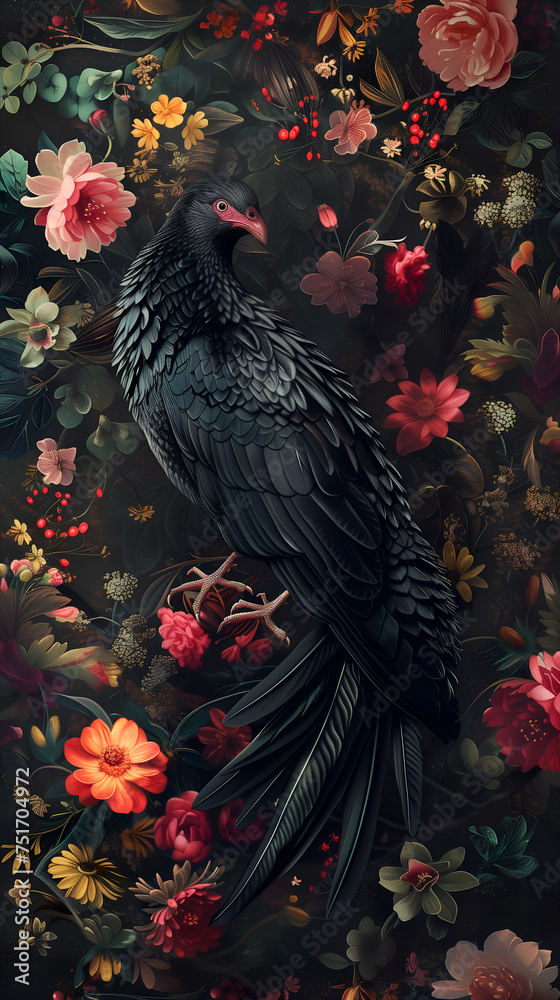 Magical bird of black colour among spring garden flowers, good luck talisman, fantastic beast, background image, mobile phone wallpaper, background for cellphones, mobile phone, iOS, Android
