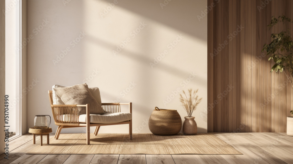 A stylish living room with a cedar wall, a wicker chair, and a natural cotton rug - obrazy, fototapety, plakaty 