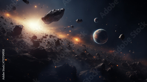 This captivating space scene showcases a dynamic array of asteroids orbiting a strikingly detailed planet with a radiant star illuminating the dark cosmos photo