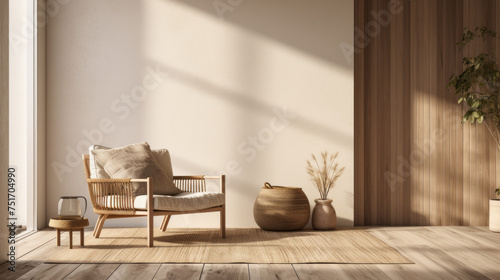 A stylish living room with a cedar wall, a wicker chair, and a natural cotton rug photo