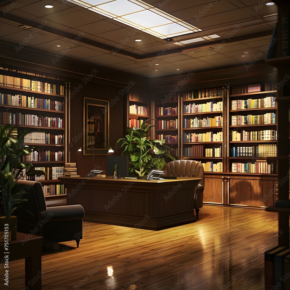 A desk in a library with a leather chair against background of bookshelf generative ai