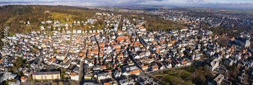 Aerial around the city Bad Nauheim in Germany on a sunny afternoon in autumn 