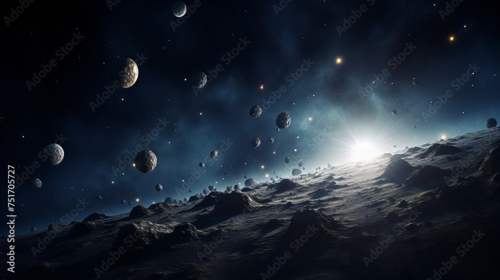 A breathtaking moonscape stretches beneath a starry sky, dotted with floating celestial bodies, offering a sense of wonder and the grandeur of space exploration A breathtaking moonscape stretches beneath a starry sky, dotted with floating celestial bodies, offering a sense of wonder and the grandeur of space exploration